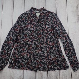 Maeve Anthropologie Shirt Womens 0 Black Floral Button Front Blouse Long Sleeve
